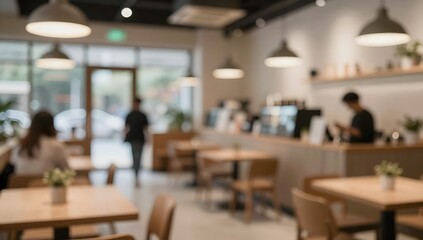 Blurred interior of a coffee shop with tables and chairs creating an inviting ambiance
