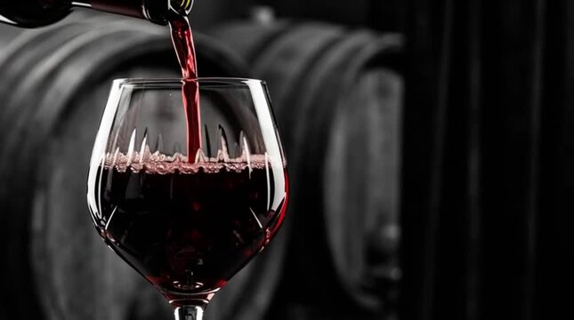 Pouring deep red wine into a sophisticated glass, with traditional wooden barrels softly blurred in the background.