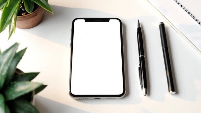 Modern workspace setup featuring a smartphone with a blank screen, pens, and potted plants.