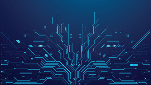 Abstract blue digital circuit board pattern representing technology and data flow on a dark background