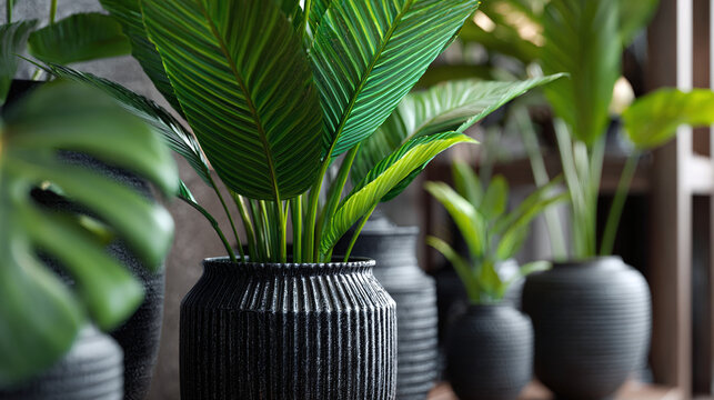 Interior with an array of houseplants showcasing their vibrant foliage and unique pot