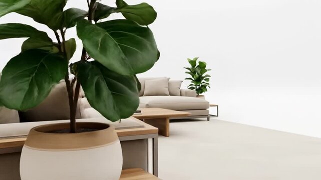 Close-up of a potted fiddle leaf fig plant on a wooden side table in a modern living room with a minimalist beige sofa and clean white background.