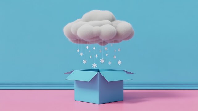 A 3 D rendered digital piece featuring a fluffy white cloud releasing snowflakes over an open blue box on a pink and blue gradient background