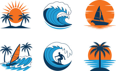 Tropical summer beach vector icon set, sailing ships, ocean waves, palm trees, sun, and island travel elements for vacation, tourism, nature themes, seaside design, and tropical destination graphics © Gary D. Marlow