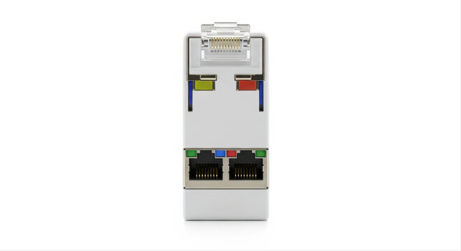 Dual-port cable splitter isolated on a clean white background with vibrant color-coded connectors