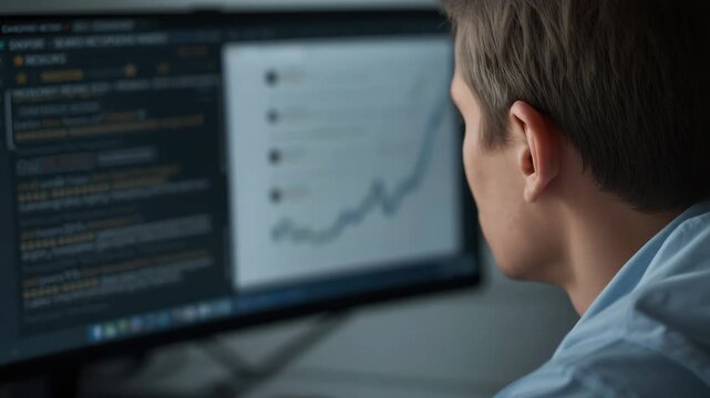 Young man studying financial chart and data computer monitor with dual monitors and focused