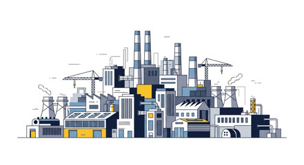 Obraz premium Modern industrial factory complex with smokestacks and cranes.