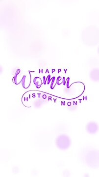 Women's history month text animation in purple with partilces. suitable for social media posts, posters, presentations, and digital marketing campaigns celebrating and honoring women.