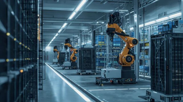 Autonomous robotic arm warehouse automation loading and transporting modular crates conveyor high