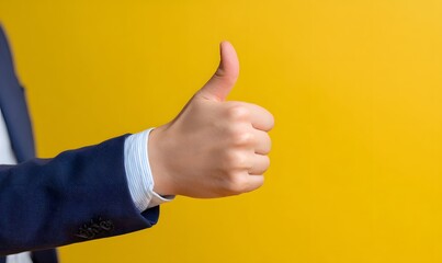 Hand in formal suit gives thumbs up. Sign of approval positive energy and success.