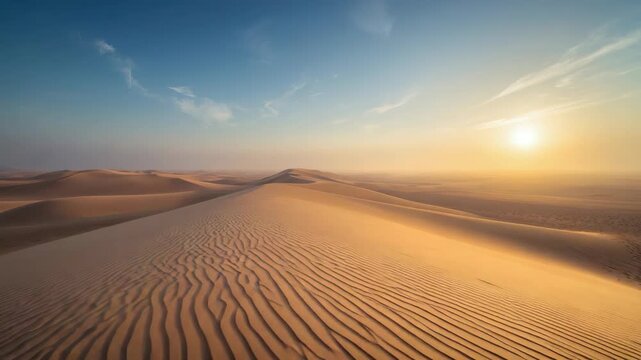 Golden sand dune ridge at sunrise and sunset with rippled sand patterns across expansive desert sky