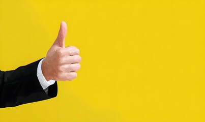 Hand in formal suit gives thumbs up. Sign of approval positive energy and success.