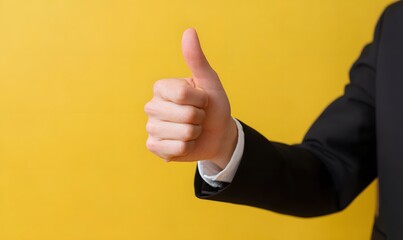 Hand in formal suit gives thumbs up. Sign of approval positive energy and success.