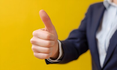 Hand in formal suit gives thumbs up. Sign of approval positive energy and success.