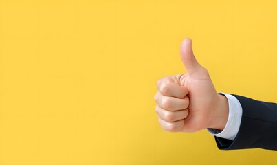 Hand in formal suit gives thumbs up. Sign of approval positive energy and success.