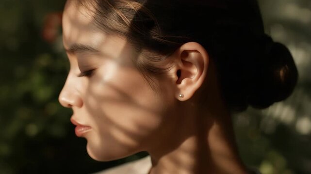 Young woman profile portrait with soft leaf shadows and warm sunlight serene soft light portrait