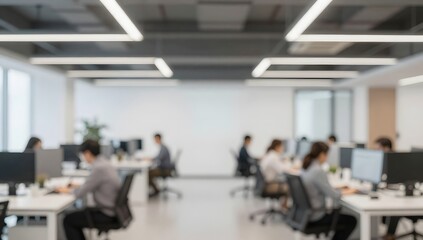 Fototapeta premium Blurred background depicts busy office space with employees working at computers