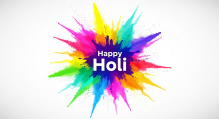 Obraz premium Vibrant holi celebration design with colorful paint splatters and happy holi text on white background