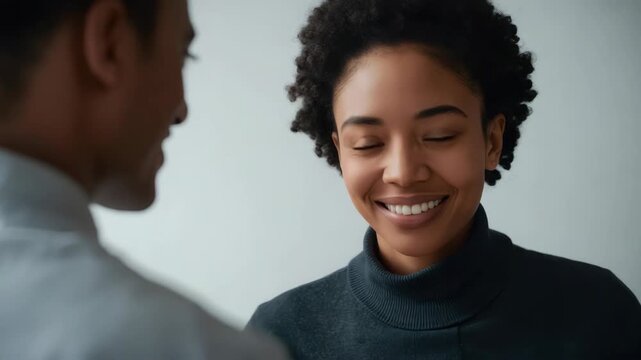 Smiling woman portrait with curly hair and turtleneck engaging candid friendly conversation with