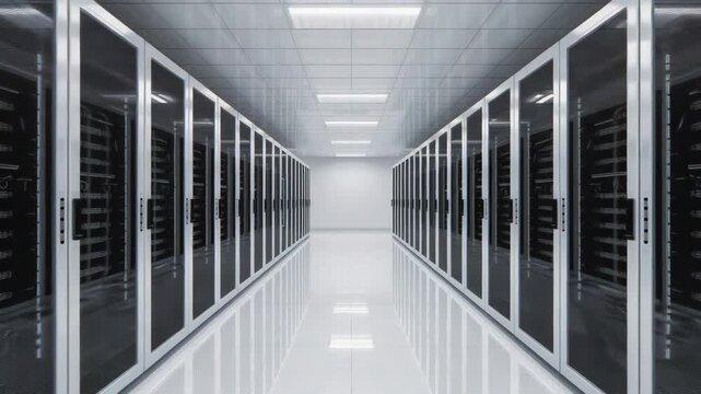 High tech data center server rack aisle with reflective floor and cool lighting modern precision