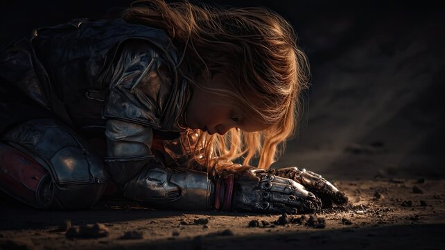 Exhausted Warrior Resting in Dramatic Cinematic Scene
