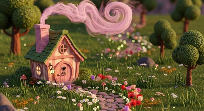 Charming fairy house in lush meadow with pink smoke and floral pathway