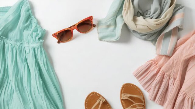 Mint dress blush dress scarf sunglasses sandals summer outfit airy feminine pastel travel flatlay