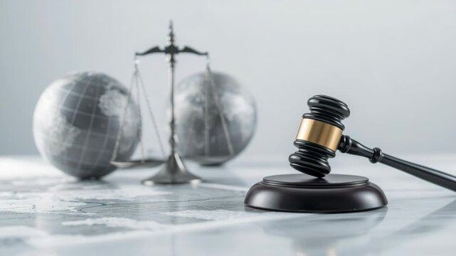Gavel and scale with globe evoking global justice and law in solemn courtroom scene