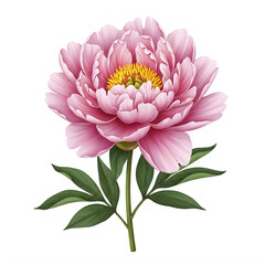 Obraz premium A vibrant pink peony flower with delicate petals and lush green leaves isolated on transparent background