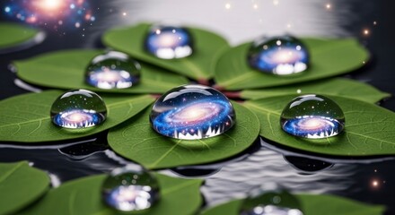 Cosmic water droplets reflecting a galaxy on green leaves natural background