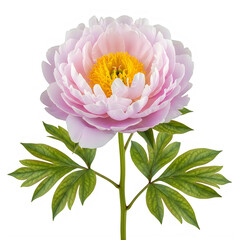 Obraz premium A beautiful pink peony flower with green leaves and a white center isolated on transparent background