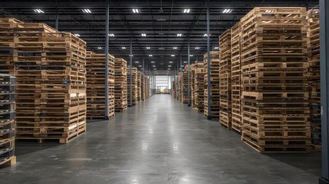 Empty warehouse aisle with stacked wooden pallet racks and wooden pallet stacks spacious storage