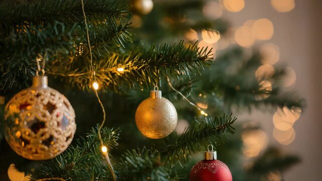 Golden and red bauble ornament garland on lit Christmas tree with warm festive light bokeh