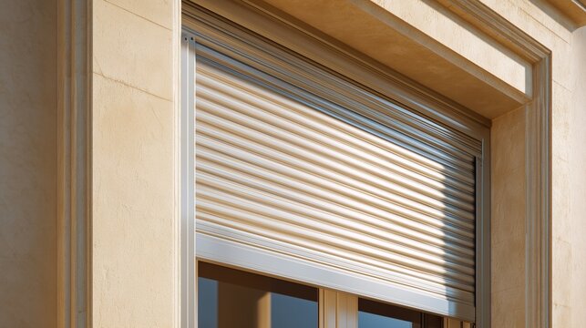 Closed roll-up shutter protecting a modern building window in a classic architectural facade