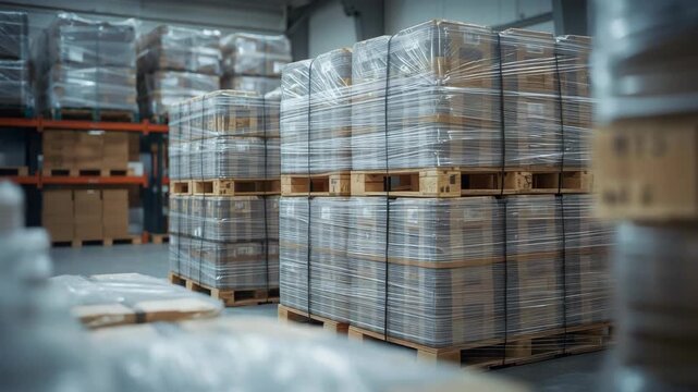 Wrapped pallet stacks warehouse aisle with pallet wrap, cardboard box packaged goods storage