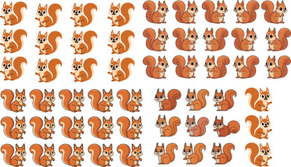 Cute cartoon squirrel vector icon set with various poses and expressions isolated on white background for forest wildlife design © MDRONI