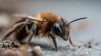 Mason bee macro closeup insect pollinator wildlife on stone surface, detailed hairy body and compound eye, calm mood