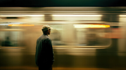 Man cap subway platform motion blur commuter urban transportation, lone male waiting beside passing train in dim station