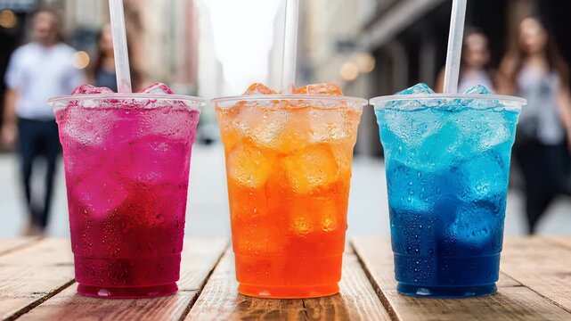 Three brightly colored iced drinks in a city street setting