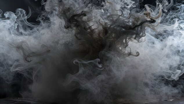 Abstract explosion of grey and white smoke creates dynamic and mesmerizing movement on black background