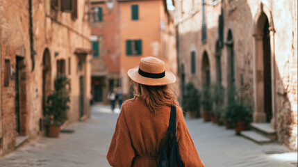 Obraz premium Woman walking Siena old town Tuscany Italy street travel, straw hat and dress, peaceful summer tourism scene