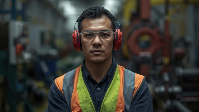 Factory worker safety vest ear protection safety glasses workshop industrial worker safety focused