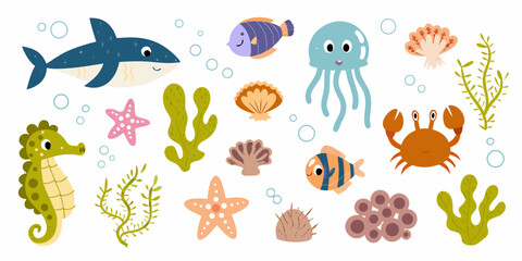Colorful cartoon illustration of various underwater creatures and marine life © Lalin