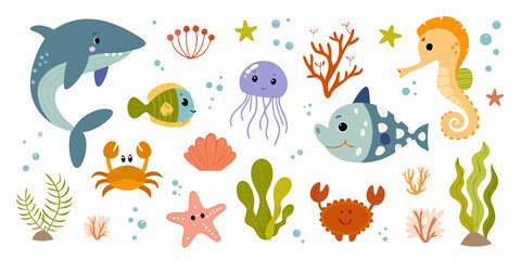 Colorful cartoon illustration of various marine life and ocean elements © Lalin