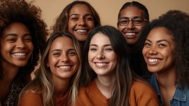 Smiling diverse friends portrait closeup group warm studio joyful togetherness expression
