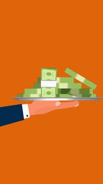 hand holding tray with stack of money vertical screen