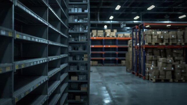 Empty metal shelving warehouse aisle with stacked cardboard box rack storage moody industrial