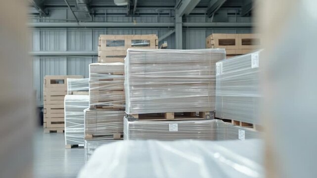 Wrapped pallet stacks warehouse aisle with soft lighting and industrial atmosphere palletized