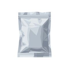 Crumpled foil pouch isolated on a white background with geometric patterns and metallic sheen, showcasing packaging design and texture