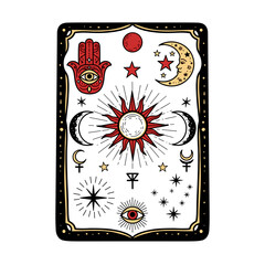 Mystical divination board featuring celestial symbols and hand motif isolated on white background with ornate borders